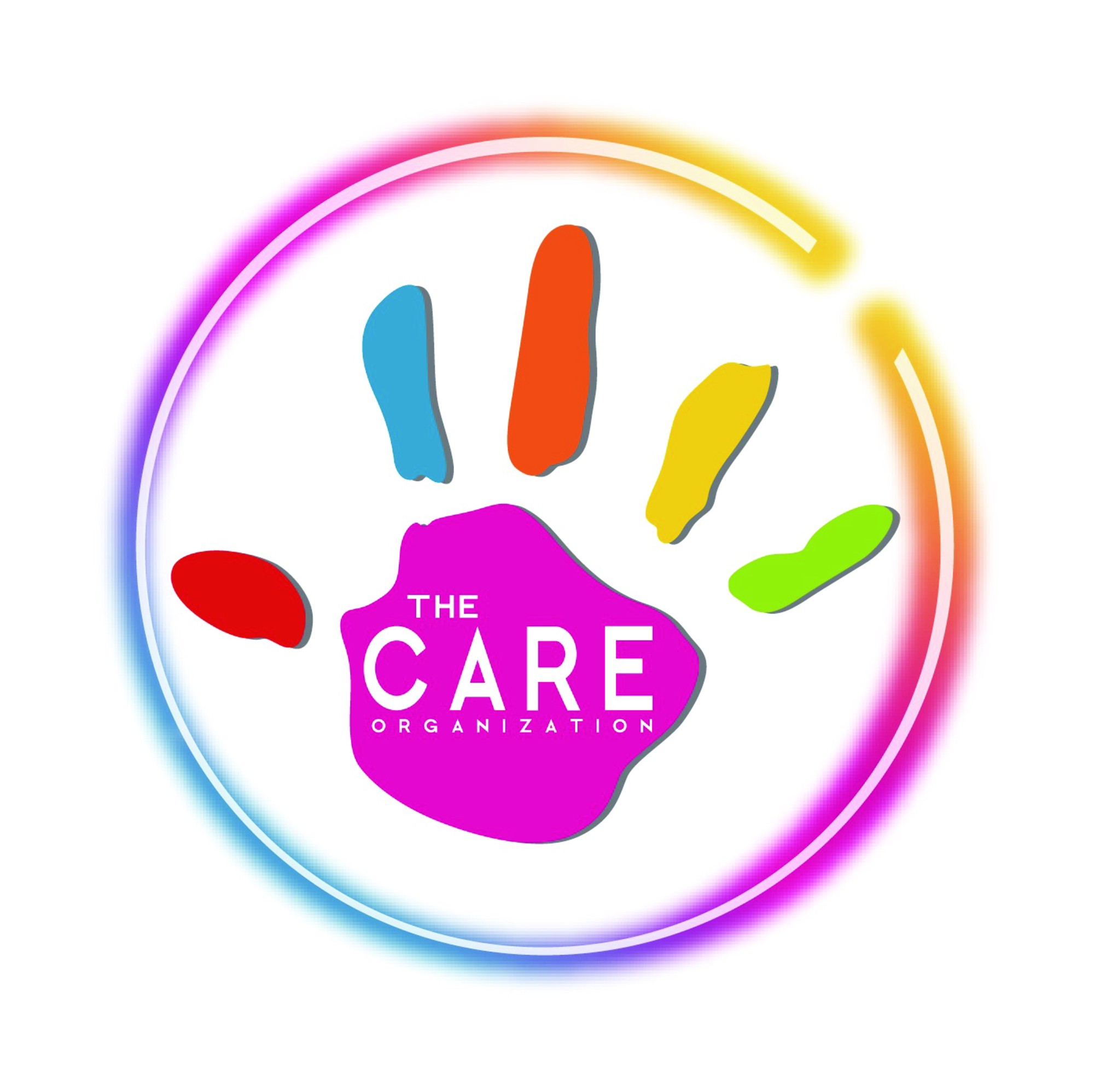 The full CARE logo: the painted handprint inside a rainbow circle that is left open at the top right