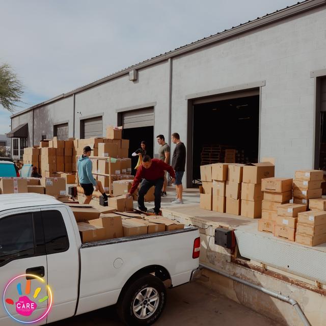 A pickup truck loaded with boxes of food outside a warehouse